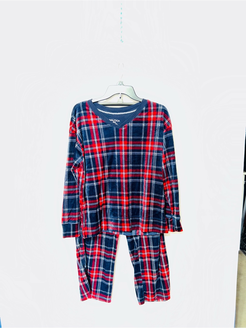 Nautica women’s Red Navy Plaid Long-Sleeve Pajama Set medium